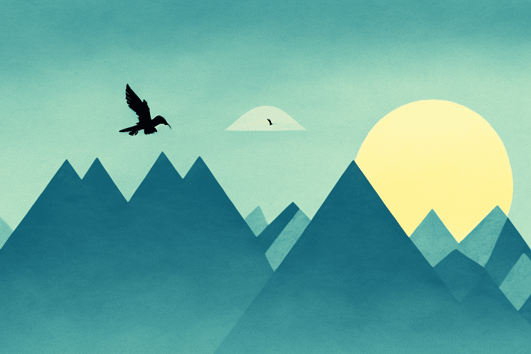 Illustration of a bird flying over blue mountains with the sun rising in the background and another bird in the distance, invoking a scene reminiscent of "What is the best biblical quote for hope?" as nature awakens with promise.