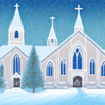 A church with festive decorations and a snow-covered landscape
