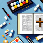 Una biblia con una cruz y un frasco de pastillas en primer plano