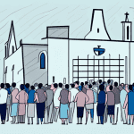 A church building with a large crowd of people gathered outside