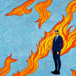 A person standing in front of a wall of flames