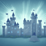 A castle with a wall being broken down by a beam of light