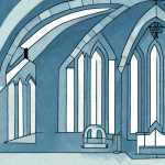 A church building with a bright light shining from the windows