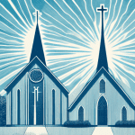 A church building with a sunburst of light radiating from the steeple