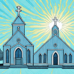 A church building with a bright sun in the sky