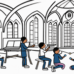 A church interior with a group of children playing a game