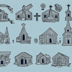 A church building with a variety of fun outdoor games set up around it