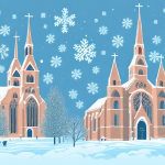 A festive winter scene with a church in the background